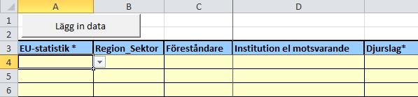 6.3 DATAINMATNING MED DATAFORMULÄRET Formuläret får du fram genom att i Excel-bladet List klicka på cellen A4 (så den blir markerad) och sedan klicka på knappen Lägg in data som finns högst upp till