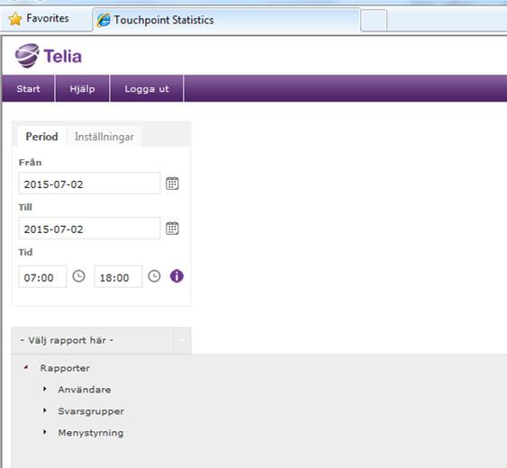Startsidan Första gången du loggar in kommer du till startsidan, härifrån kommer du enkelt åt de olika delarna i Touchpoint Statistik Bas.