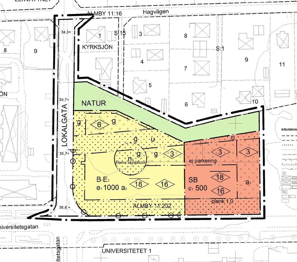 Den östra byggrätten är planlagd för bostads- och skoländamål, byggrätten är reglerad till max 500 m2 byggnadsarea ovan mark.