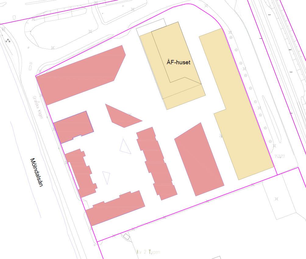 N S Figur 5: Nya möjliga byggnader i rosa, befintliga byggnader i beige. 3 Trafikförslag Två olika trafikförslag för Grafiska vägen har tagits fram och benämns som alternativ 1 och 2.