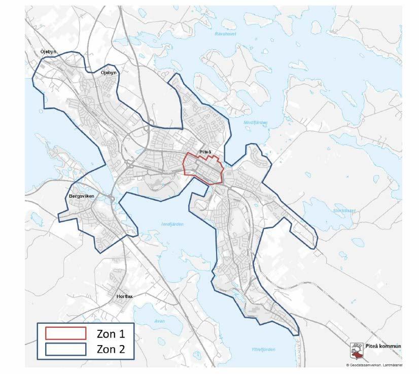 Taxor och avgifter inom trafik, parkering och allmän/offentlig plats Offentlig plats Zonindelning för byggplatsområde och pendlarparkering Zonindelningen grundas på Piteå kommuns översiktsplan av