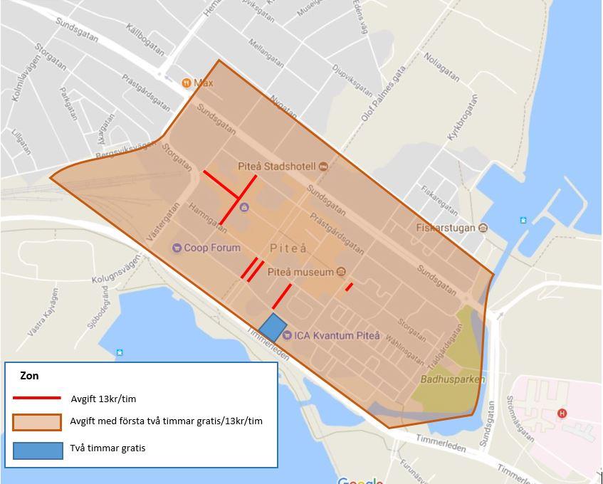 Parkering I Piteå kommun gäller två timmar gratis parkeringstid med möjlighet att betala för att parkera längre på samtliga parkeringar på tomt- och gatumark i brun zon.