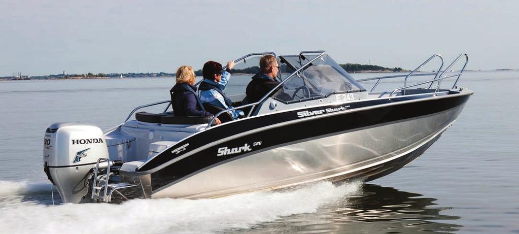 Silver Shark BR 580 Längd: 580 cm, bredd: 225 cm, vikt 660 kg, rek hk: 90-115, max antal pers: 7 Honda BF100 tomgång(750) 0,9 1,9 0,47 1500 2,7 4,8 0,56 2000 5,4 6 0,9 2500 7,7 7 1,1 3000 9 11 0,8