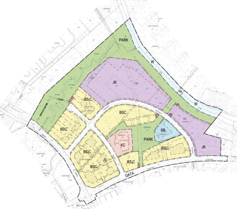 Utkast till plankarta som visar indelning i användningsområden för bostäder (gult), industri (lila) och förskola (blått).