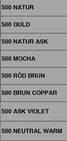 GRÅHÅRSFÄRGNING EXTRA COVERAGE COLLECTION (500-serien) 500-serien är speciellt framtagen för 50%-100% vitandel 500-serien identifieras av 50 samt därefter nivå och nyans Blandas alltid lika delar med