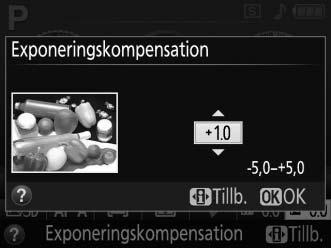 Exponeringskompensation (endast läge P, S, A och %) Exponeringskompensation används för att ändra exponering från det värde som föreslås av kameran, så att bilderna blir ljusare eller mörkare.