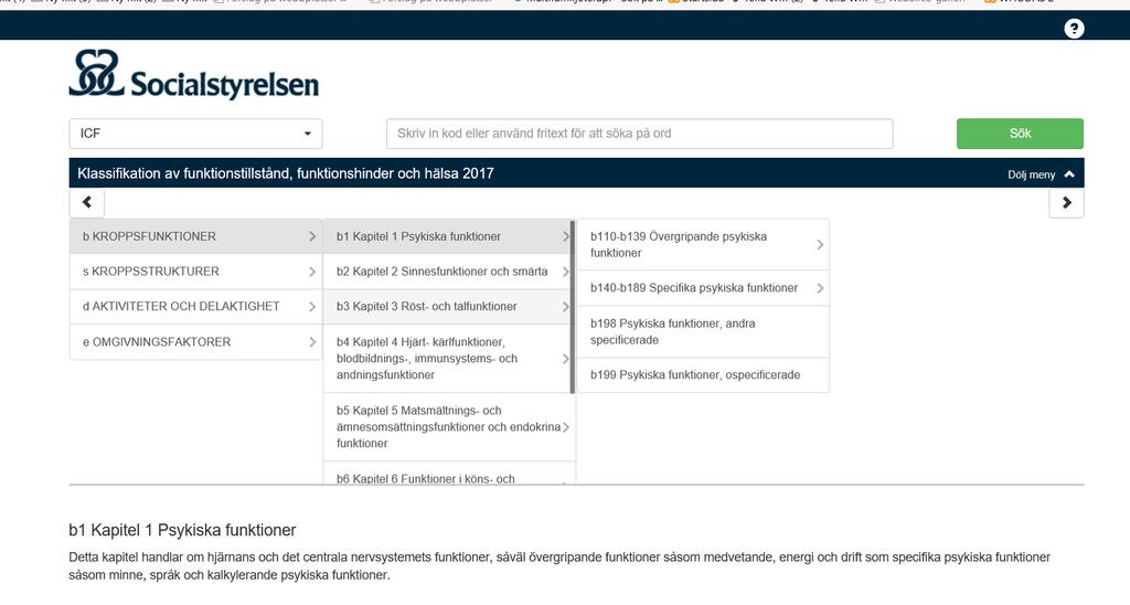 Möjlighet finns att söka i klassifikationer - ICF