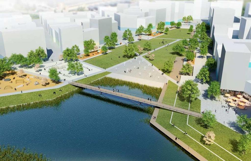 SID 10 (22) Parkens olika delar Publika stråk och platser närmast bebyggelsen Fältet avgränsas mot bebyggelsen av aktivitetsbryggan och parkbryggan, som innehåller varierade vistelseytor och