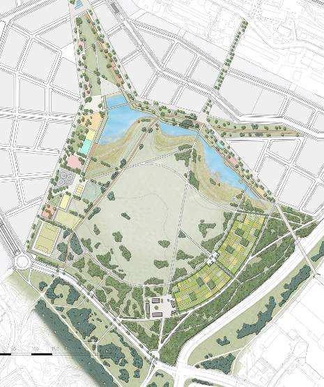Byggnadernas innehåll och utformning är centralt för parkens södra delar, och kan utformas i samverkan med privata aktörer.