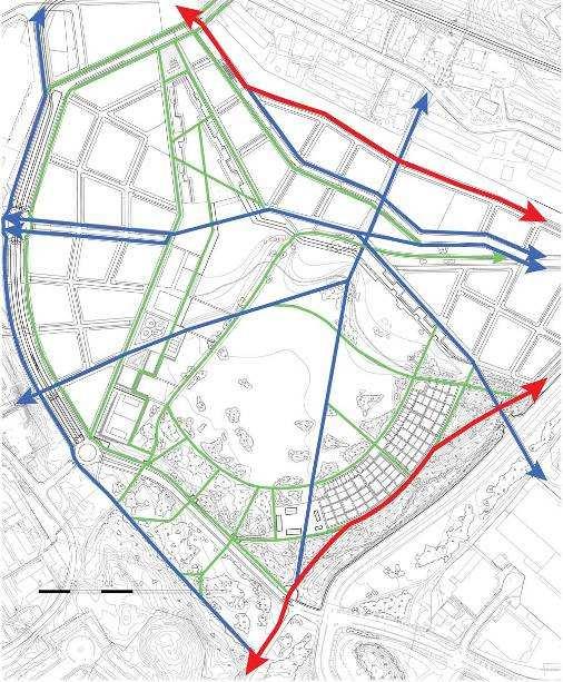 - Träddungar, skogspartier och bulleravskärmningar mot Huddingevägen och Östbergavägen bidrar effektivt till att få ner bullernivåer och minska den visuella påverkan från trafiken.