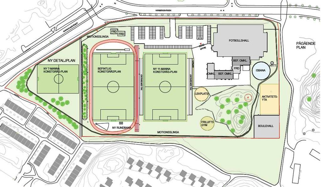 6 (11) Dp 2010-14752-54 Förslag till förändringar Planförslaget innebär att Vårbergs idrottsplats planläggs med möjlighet till kompletterande bebyggelse för idrottsändamål.