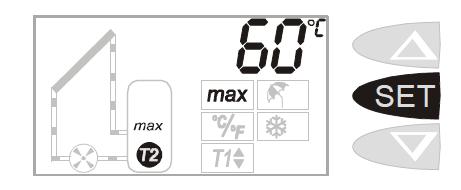 4. Inställningar Tank-max Håll inne SET knappen i 2 sek för att gå in i menyn. Första enheten du kan ändra på är tank-max, dvs max temp vid T2 (blinkar).