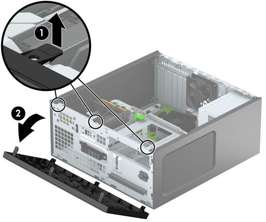 Ta bort frontpanelen 1. Ta bort eller skruva loss säkerhetsenheter som hindrar datorn från att öppnas. 2. Ta bort alla flyttbara medier, t.ex. CD-skivor och USB-minnen, från datorn. 3.