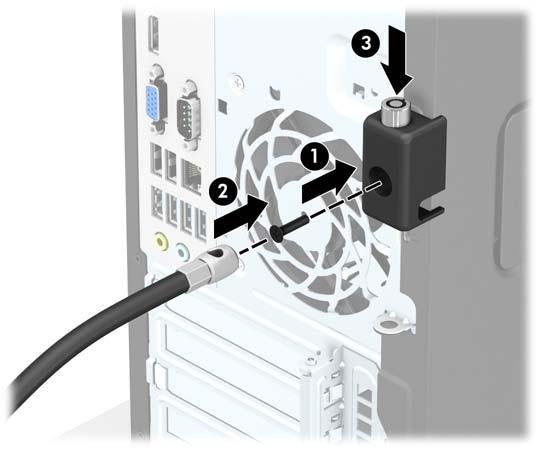 8. Skruva fast låset i chassit med hjälp av den medföljande skruven (1). Sätt i kontaktänden av säkerhetskabeln i låset (2) och tryck in knappen (3) för att aktivera låset.