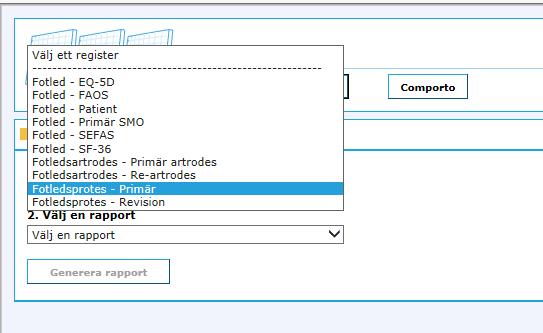 Exempel 1 I detta exempel väljer man Fotledsprotes - Primär under Välj