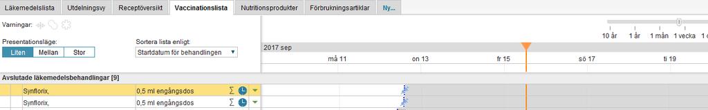 Avsluta med knappen Administrera. 5. Överblick, Vaccinationslista Vaccinationslistan har tre olika presentationslägen.