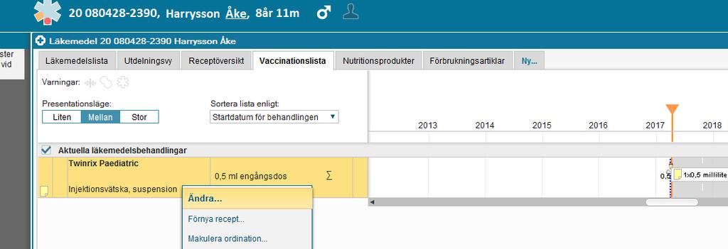 7(10) 7. Administrera receptförskrivet vaccin Recept skrivet i annat journalsystem Vaccin som förskrivs på recept i annat journalsystem finns inte i Cosmic Utdelningsvy.