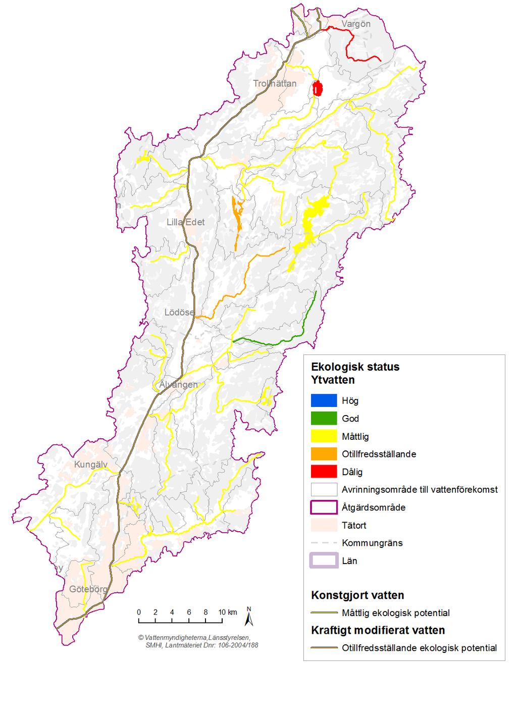 Figur 1. Ekologisk status för ytvatten i Göta älvs åtgärdsområde.