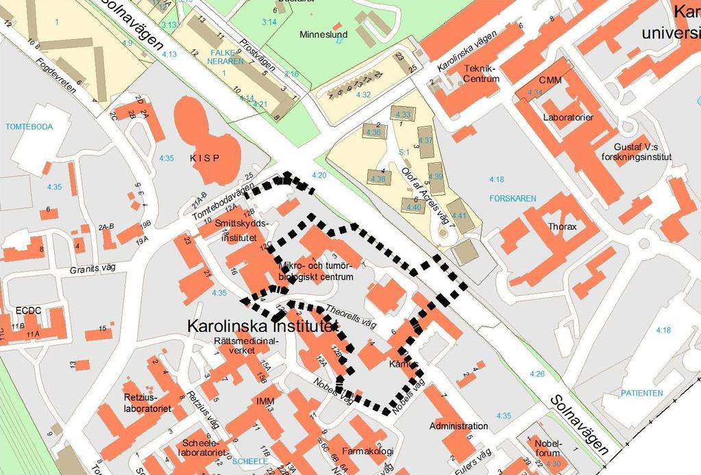 2 (14) Planområde Planområdet ligger inom KI:s område söder om Solnavägen. Planområdet utgörs av ett område på ca 1,5 hektar.