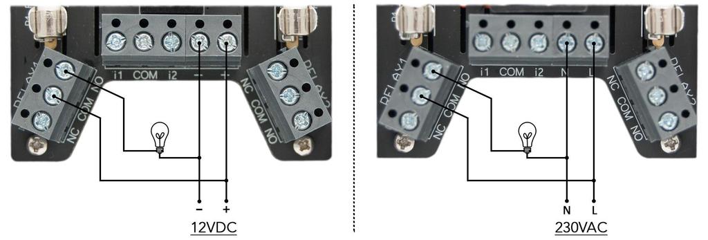 Varje relä kan hantera laster upp till 10A vilket motsvarar 2300W vid 230VAC. Den vänstra illustrationen visar båda reläerna avaktiverade och den högra visar dem aktiverade.