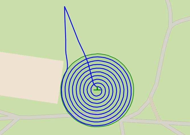 Autonom spaning med quadcopter 39 Figur 18: En spiral-trajektoria generad av uppdragsplaneringsmodulen i moden runt koordinat. Det gröna transparenta området är det som ska avsökas.