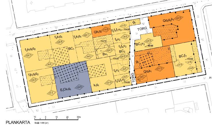 Barken inom stadsdelen Masthugget 1 () 217-7- Figur 9. Preliminär skiss över planområdets utbredning. Vänster bild: Illustrationsritning. Höger bild: Plankarta 3.1. Framtida dimensionerande flöde och kapacitet dagvatten För att beräkna det framtida dimensionerande flödet beräknades areorna från plankartan enligt Figur 1.