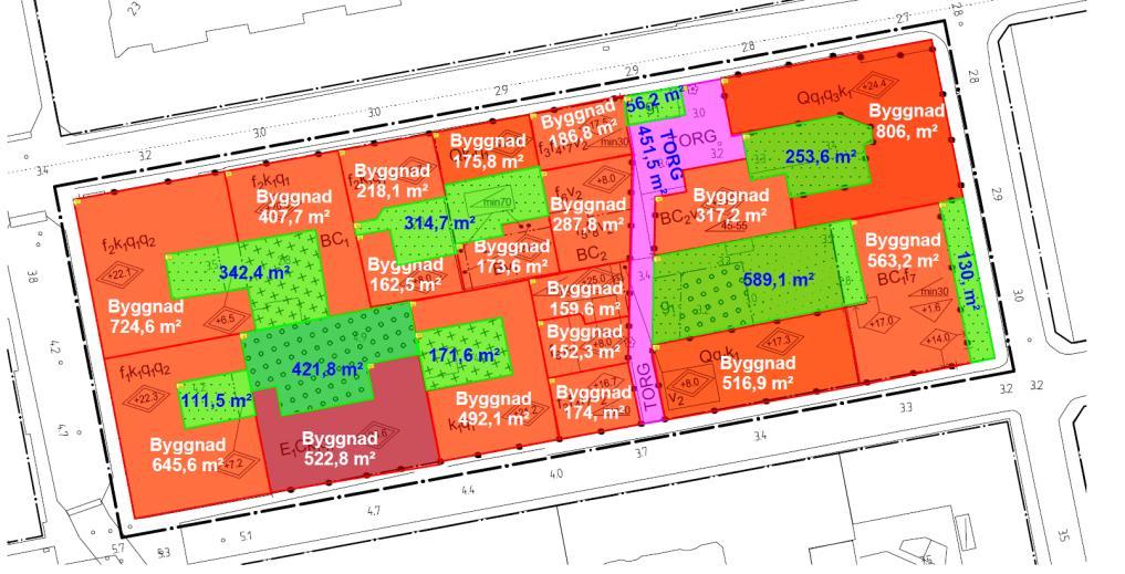 Delområde Area [ha] Avrinningskoefficient Reducerad area [ha] Tak,67,9,63 Hårdgjord yta,22,8,176 Grönområde,6,1,6 Totalt,95,83,79 Det dimensionerande flödet beräknades på samma sätt som det