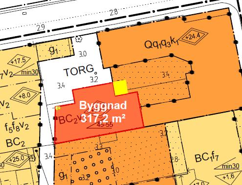 Barken inom stadsdelen Masthugget 14 () 217-7- Figur 14: Masthugget 4:5 där gul rektangel visar skalenlig storleken på växtbädden 3.