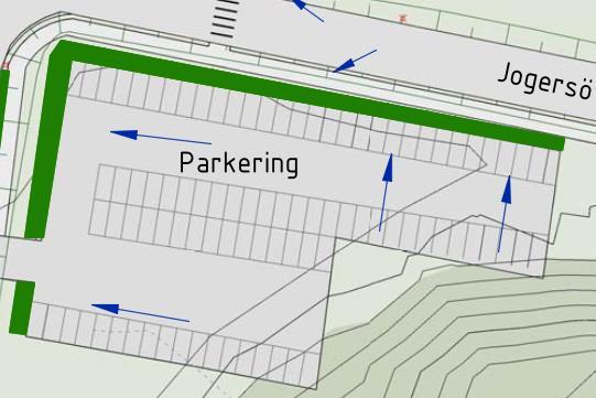 Figur 12 visar exempel på infiltrationsstråk vid parkering. Figur 12. Dagvattnet från parkeringen kan ledas till infiltrationsstråk för fördröjning och rening.