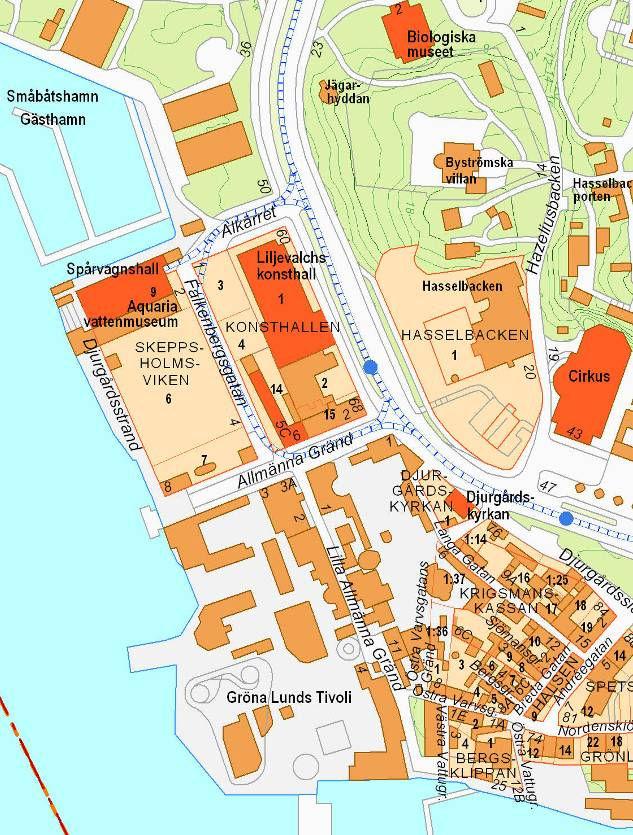 Planområde Planområdet ligger vid Djurgårdsvägen på Södra Djurgården och avgränsas av Blå Porten och Liljevalchs konsthall i norr, stenhusbebyggelsen vid Allmänna Gränd i söder och bostadshuset på