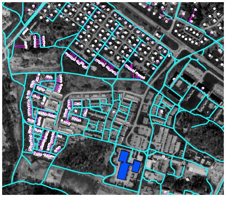 Figur 3. Exempel på gång- och cykelvägnät (blått), fastighetskoordinater (vita) och skaft (lila) i TVISS. Från: Reneland (2004).
