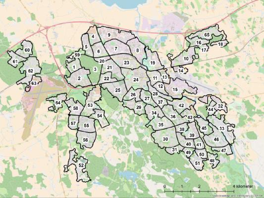 Figur 14. Indelning av Linköpings tätort i stadsdelar. Namn på stadsdelar finns i Tabell 7. Tabell 7. Indikatorer och index för geografisk tillgänglighet för stadsdelar i Linköping (Figur 14).