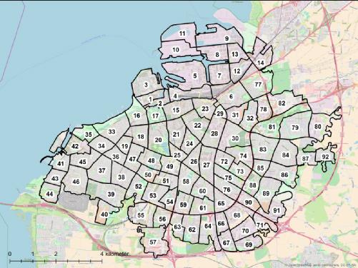 Figur 18. Indelning av Malmö tätort i stadsdelar. Namn på stadsdelar finns i Tabell 11. Tabell 11. Indikatorer och index för geografisk tillgänglighet för stadsdelar i Malmö (Figur 18).