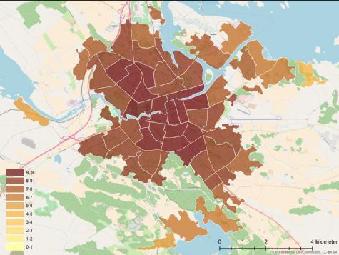 i mera perifert liggande områden. Orsakerna till variationerna i tillgänglighet kan utläsas av indikatorvärden, antingen i tabellform (se ovan) eller i kartor. Figur 20.