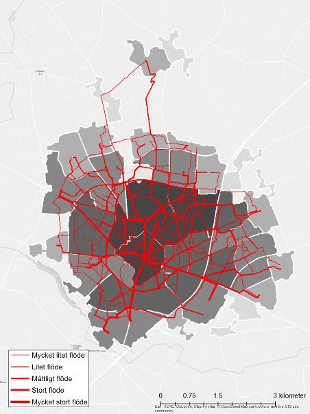 Figur 43. Illustration av beräknat potentiellt flöde av cyklister baserat på antalet invånare respektive antalet arbetstillfällen i olika stadsdelar i Lund.