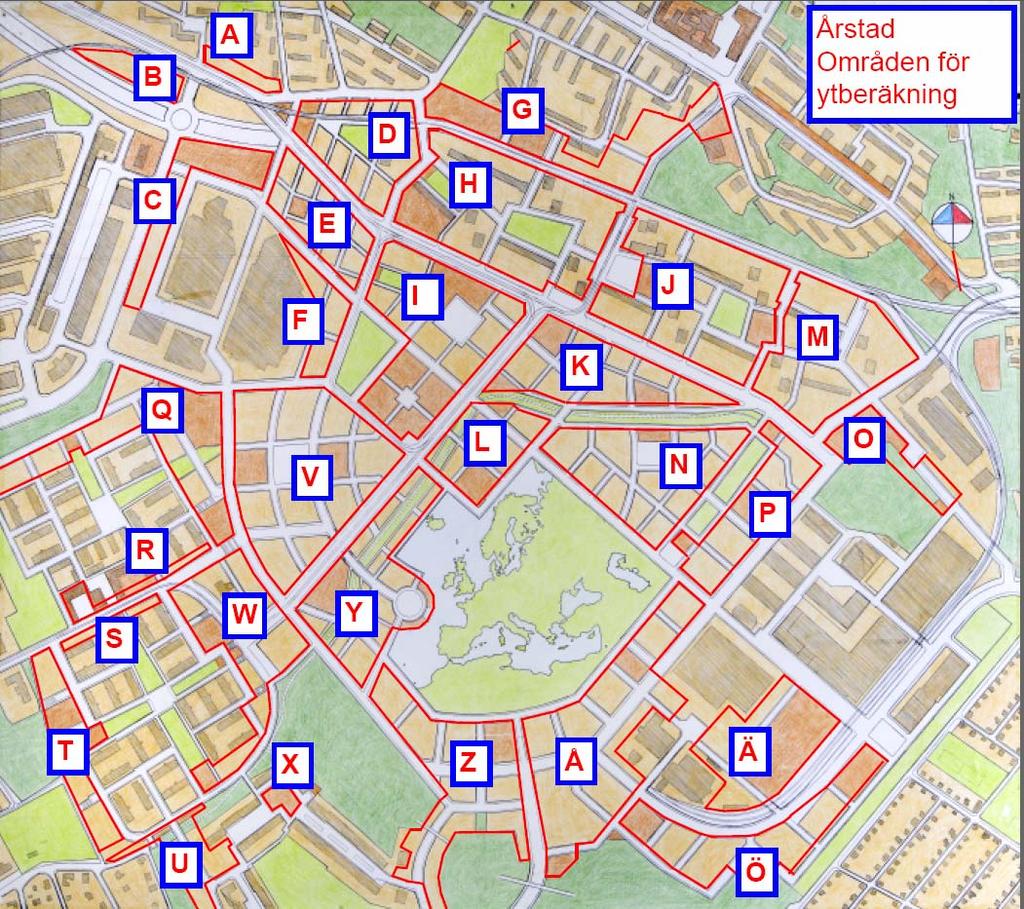 Årstad beräkning av ytor Områden för beräkning indelade från A till Ö Bebyggd yta beräknad med utgångspunkt från Illustrationsplan Snitthöjd på bebyggelsen 5 våningar - förutom industriområden med