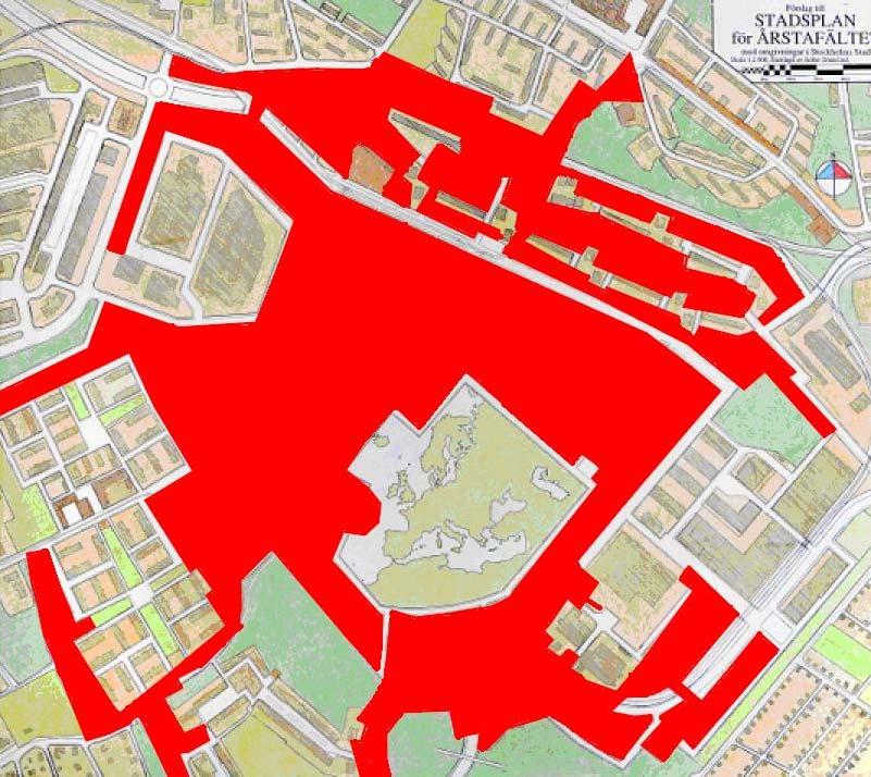 Exploateringstal - täthet Kvartersmark som tas i anspråk för bebyggelse röd markering är 880 000 kvm Täthet, exploateringstal för enbart ny bebyggelse: 1 390 000 / 880 000 = 1,57 Obebyggd mark som