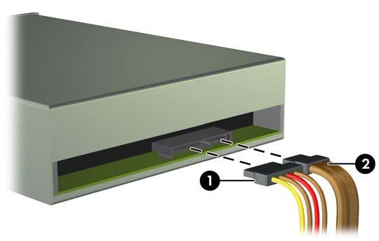Om du installerar en optisk enhet ansluter du ström (1) - och datakabeln (2) till enhetens baksida. OBS!