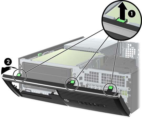 Ta bort frontpanelen 1. Ta bort eller skruva loss säkerhetsenheter som hindrar datorn från att öppnas. 2. Ta bort alla flyttbara medier, t.ex. CD-skivor och USB-minnen, från datorn. 3.