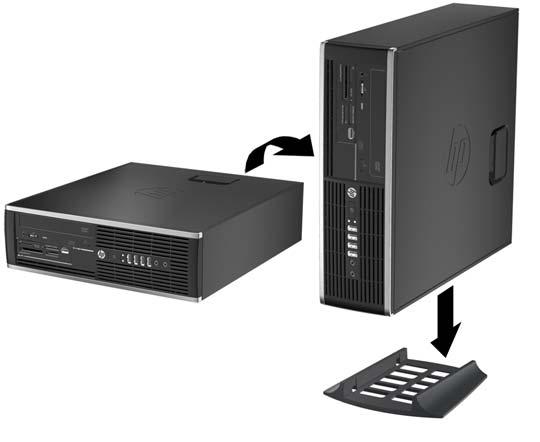 Ändra från bordsdator till tornkonfiguration Small Form Factor-datorn kan användas i stående läge med hjälp av ett stativ (tillval) som finns att köpa från HP. 1.