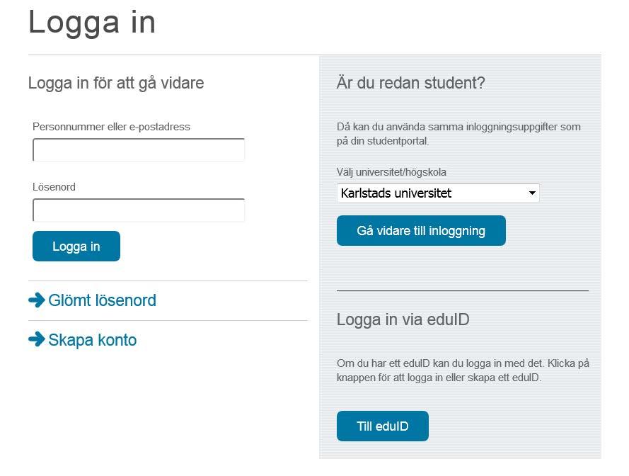 Fyll i personnummer och lösenord alternativt Logga in via