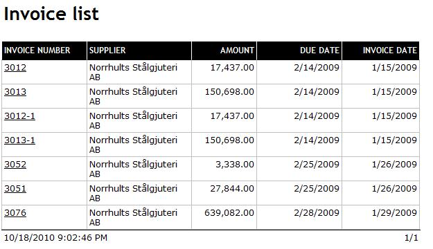 När du klickar på ett visst fakturanummer visas detaljerad information om den fakturan. Du kan skriva ut resultatet genom att klicka på knappen Skriv ut.