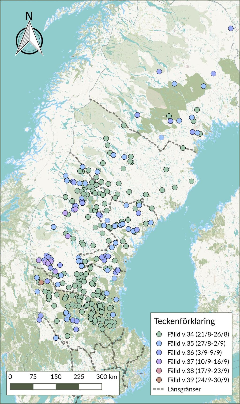 Figur 2. Översiktskarta över när björnarna fälldes, licensjakten 2018.