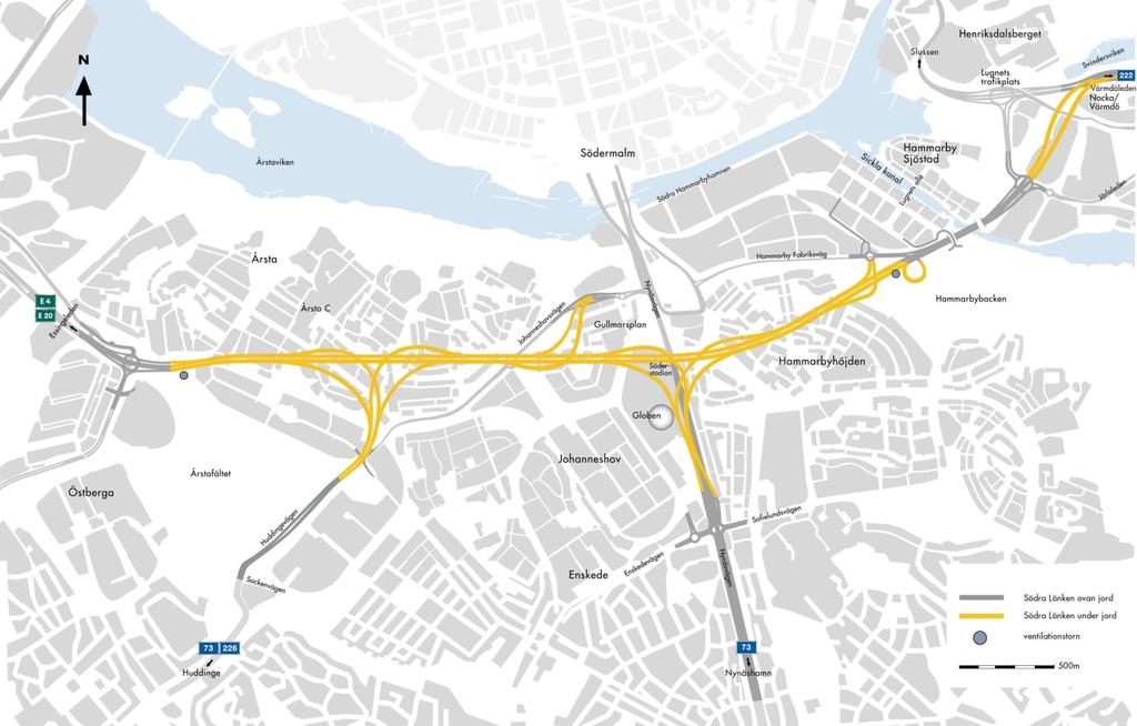 Södra Länken Södra Länken är en ca 6 km lång city-motorvägstunnel med ett komplicerat system av tunnlar som sammanbinder delar av södra Stockholmsområdet: Nacka, Hammarby Sjöstad, Globen,
