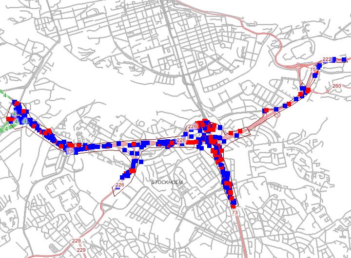 Kartbilden visar inträffade olyckor i Södra Länken, ett utdrag från STRADA 2003-2009. Röda rutor är personskador rapporterade från sjukhusen. Blå rutor är olycksrapporter från polisen.