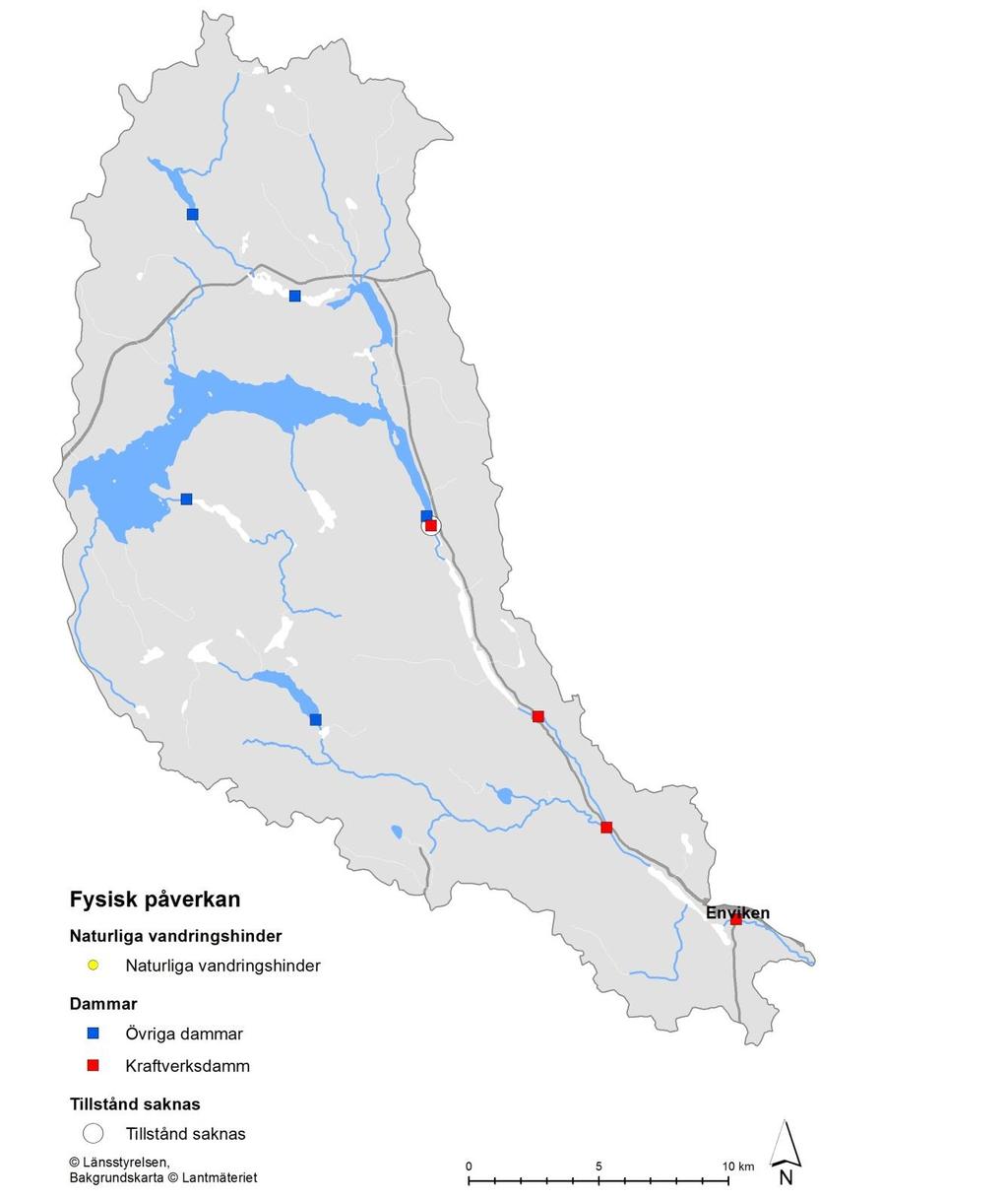 Figur 6. Dammar inom Kolningåns vattensystem som orsakar regleringspåverkan och som även i de flesta fall utgör vandringshinder mot förflyttning upp- och nedströms för vattenlevande djur.