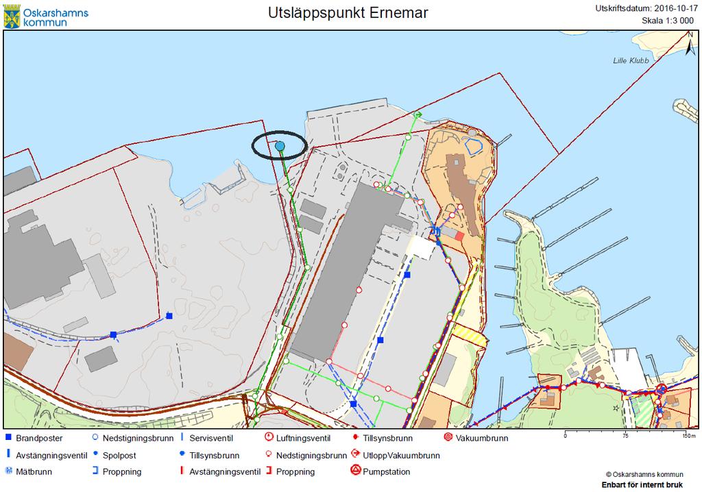 Figur 7 Placering av utloppet för renat avsloppsvatten från Ernemars reningsverk (Oskarshamns kommun).