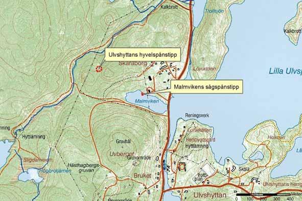 Figur 18. Malmvikens sågspånstipp och Ulvshyttans hyvelspånstipp. Växtlighet har haft svårt att etablera sig på spånhögen och den är delvis fortfarande obeväxt.