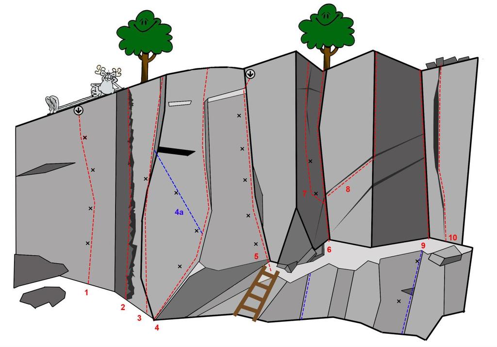 SEKTOR 1 1: Kafferosten, 6c+, sport ** 2: Sumphörnet, 4, Trad Helbultad utmaning på den överhängande rostfärgade väggen längst till vänster. Kort men intensiv! Bultat ankare.