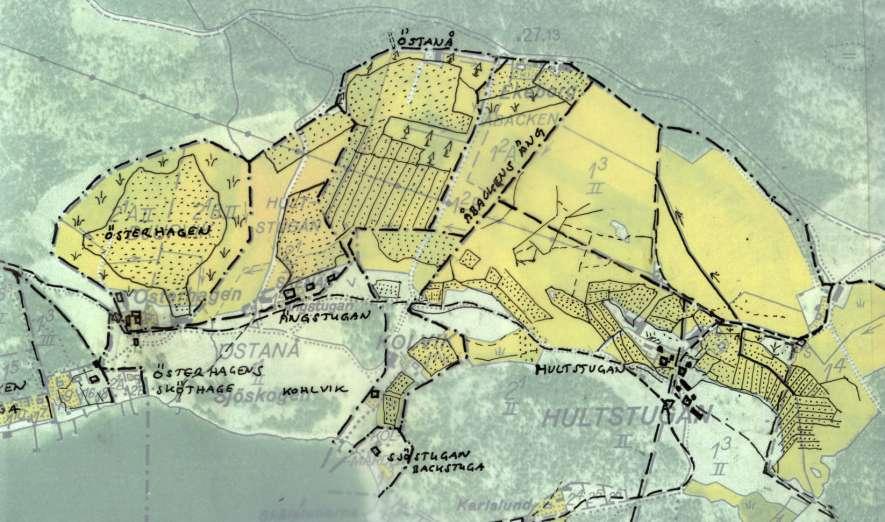 Bild 23 Historiskt kartöverlägg 1850. Jämför man med överlägget från år 1700 bild 11 kan man se att nu har Österhagen, Ängstugan, Kolvik, Sjöstugan och Tallbacken blivit bebodda.
